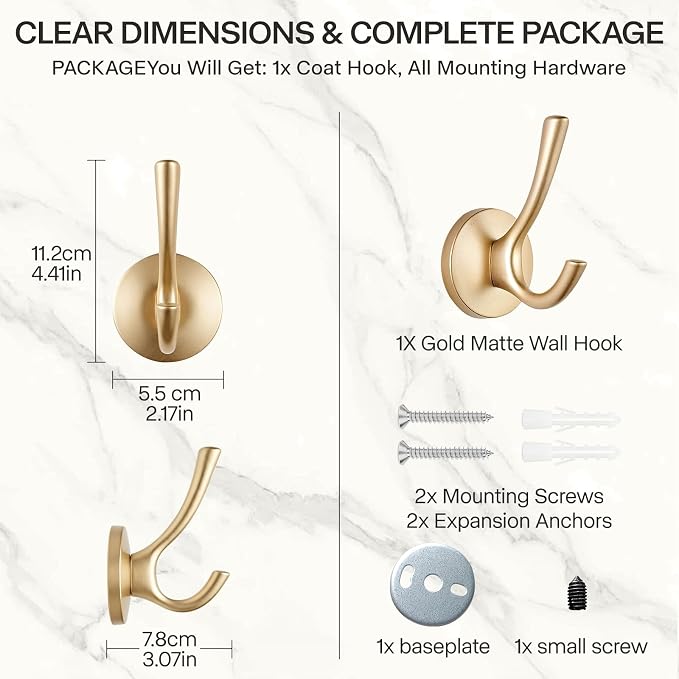 Matte Gold Towel Hooks 4 Pack, Heavy Duty Zinc Alloy Double Prong Coat Robe Hooks, Wall Mounted Towel Hooks for Bathroom, Kitchen, Closet, Garage, Entryway (195gold)