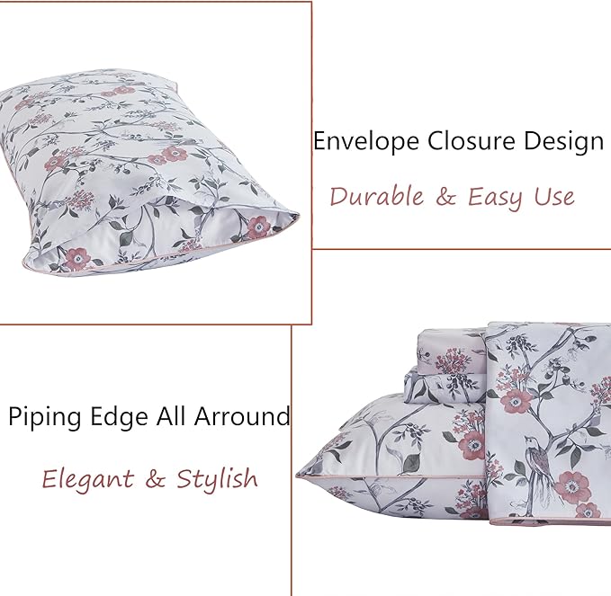 FADFAY Sheets Set Queen Rustic Bird Floral Bed Sheets Set Vintage Botanical Bedding Shabby Branches Leaves Bedding Collections 100% Egyptian Cotton Breathable Soft 17.7" Deep Pocket 4Pcs, Queen Size