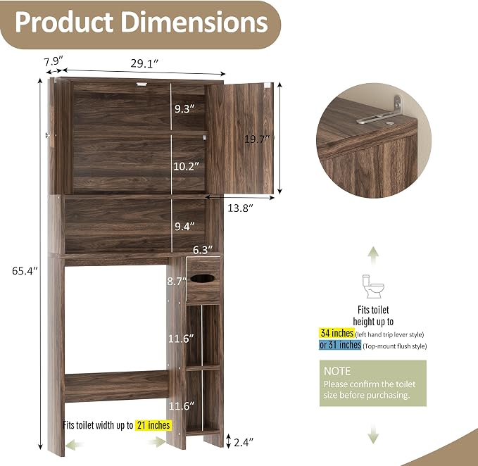 Over Toilet Storage Cabinet with Toilet Paper Holder Stand, Freestanding Bathroom Storage Cabinet, Rustic Farmhouse Bathroom Organizer with Adjustable Shelf & Anti-Tipping, Walnut