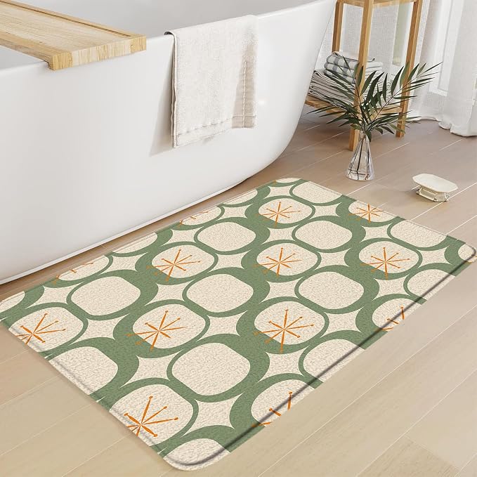 Mid Century Modern Bath Mat Abstract Atomic Geometric Retro 1950s Sage Green Bathroom Kitchen Toilet Rugs,18x48 Inch