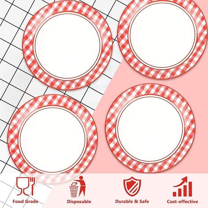 100 PCS Red and White Checkered Plates, Disposable 7 Inch Plaid Paper Dessert Plates, Dinnerware Set for Camp Barbecues, Bachelorette, Birthday Party Thanksgiving Christmas Decor, Serves 100 Guests