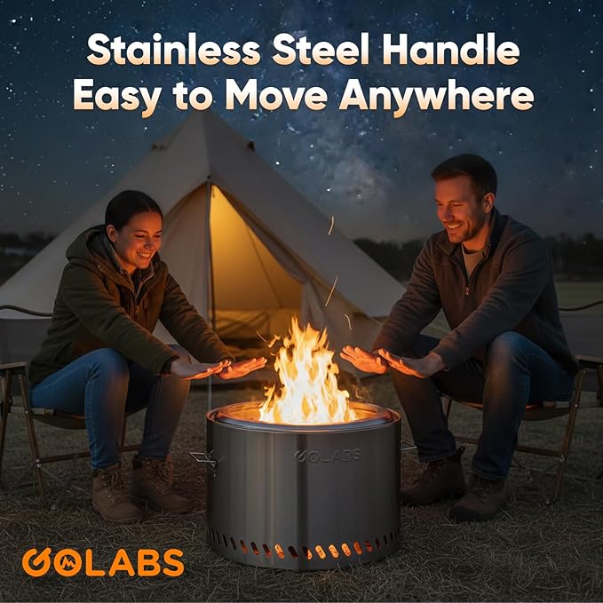 Golabs Smokeless Fire Pit 19.5", Portable with Handle, Stainless Steel Outdoor Firepit with Removable Ash Pan & Fire Poker, Easy to Clean, Efficient Heating & Less Ash, Perfect for Backyard & Camping