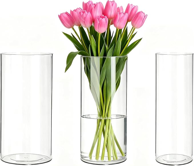 3 Pack Acrylic Cylinder Vases, Non-breakable Vase for Centerpieces, 10 inch Tall Clear Flower Vase Bulk Floating Candle Holder for Wedding Table Home Decor and Party