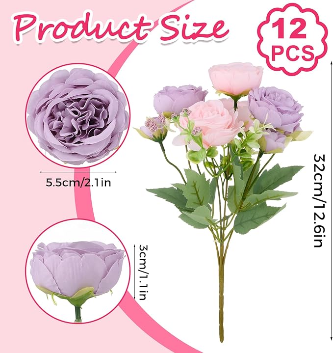 Olgaa 12 Bundles Peonies Artificial Flowers Artificial Peonies Silk Flowers Bulk Fake Peony Bouquet for Bridal Shower Decorations Wedding Table Centerpiece (Pink Purple)
