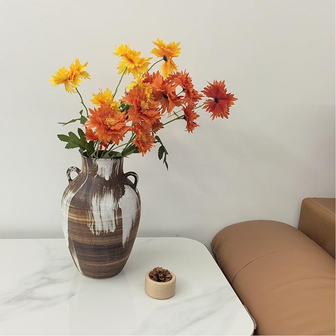 Rustic Pottery Vase - 10" Handmade Brown and White Farmhouse Vase with Handle, Unique Boho vase, Decorative Neutral Vases Home Decor, Vintage Ceramic Flower vases for Living Room, Kitchen Decor
