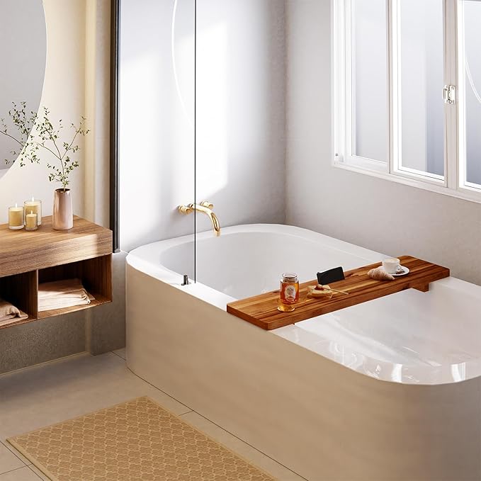 Tinamo Acacia Bathtub Caddy Tray Table | 35x9 Inch Large Bath Tub Wooden | Anti-Tipping, Sustainable Tub Tray for Bath tub | Bath-tub Accessories Holders for Bath-tub (Acacia, 35" x 9" x 2.5")
