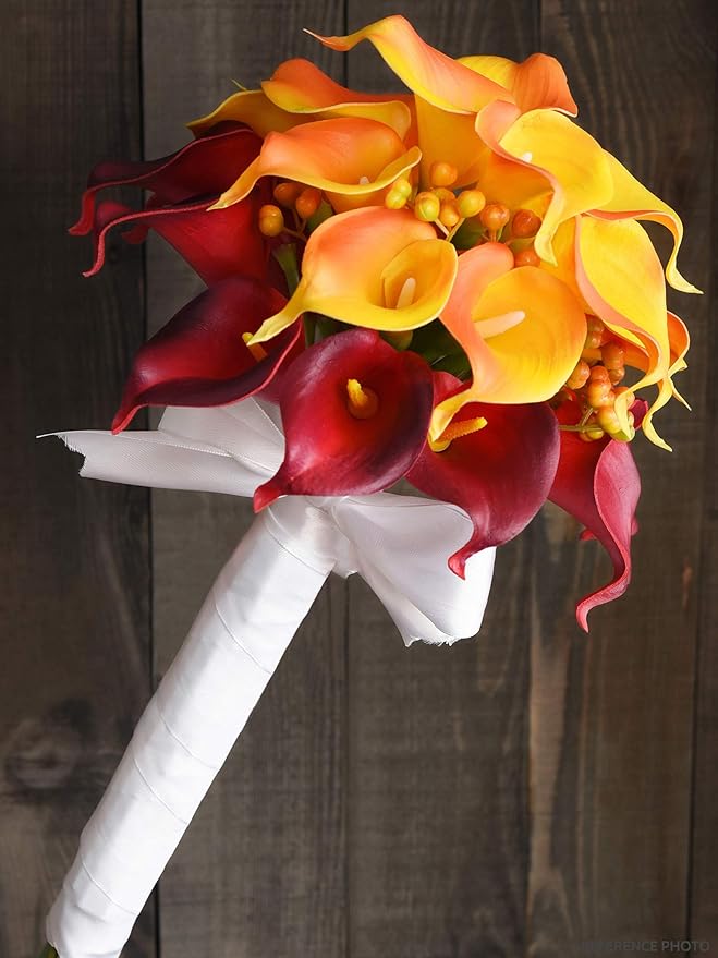 FiveSeasonStuff Real Touch Calla Lily Artificial Flowers Wedding Bridal Bouquet | Floral Arrangements | 15 Calla Lilies (Sunset Orange)