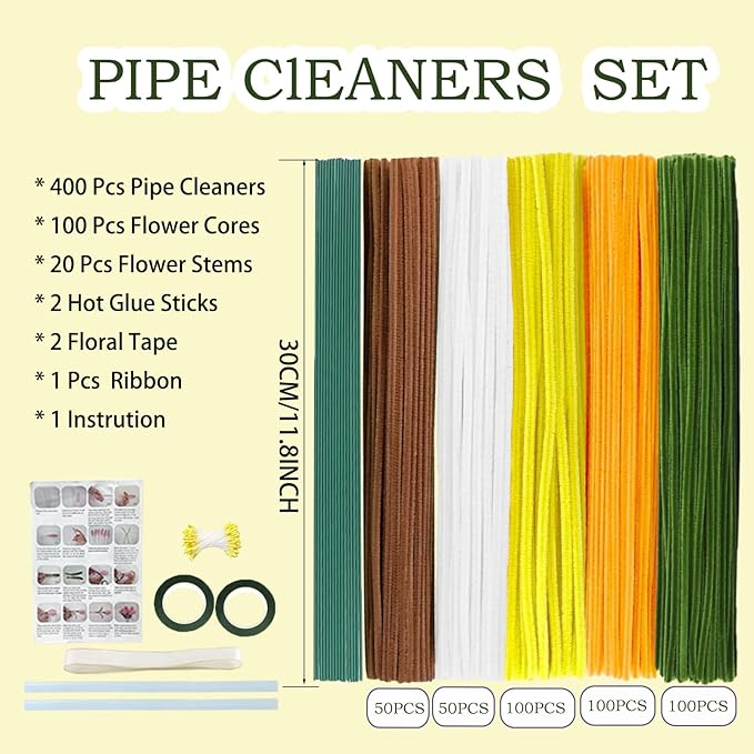 Pipe Cleaners Flower Craft Kit,Chenille Stems Craft DIY Bouquet Making Set with Floral Wires, Gardening Tape, Stamens & Ribbon for Home Decor-Holiday Decorations,Gifts - 400 Pcs (Yellow)