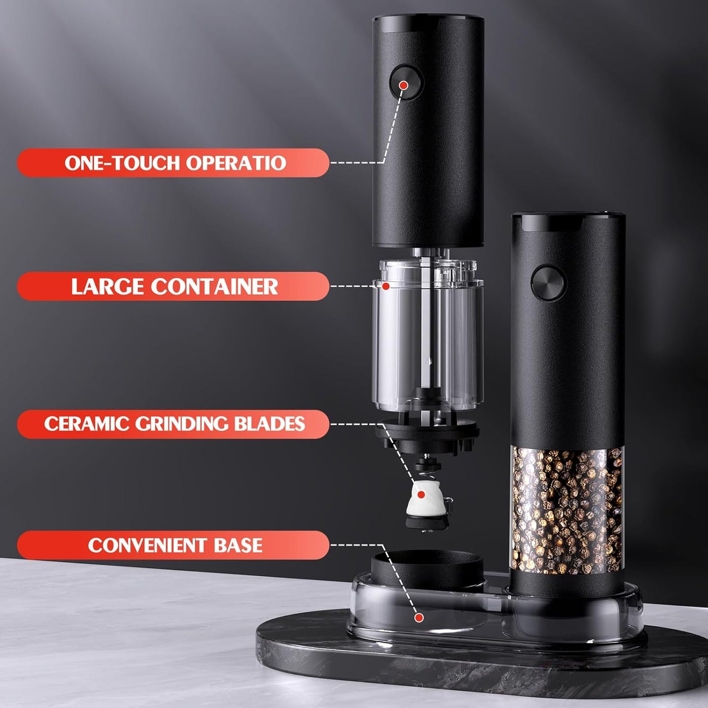 Skiennix Electric Salt and Pepper Grinder Set - Automatic Battery Mill with Adjustable Coarseness | Larger Capacity & LED