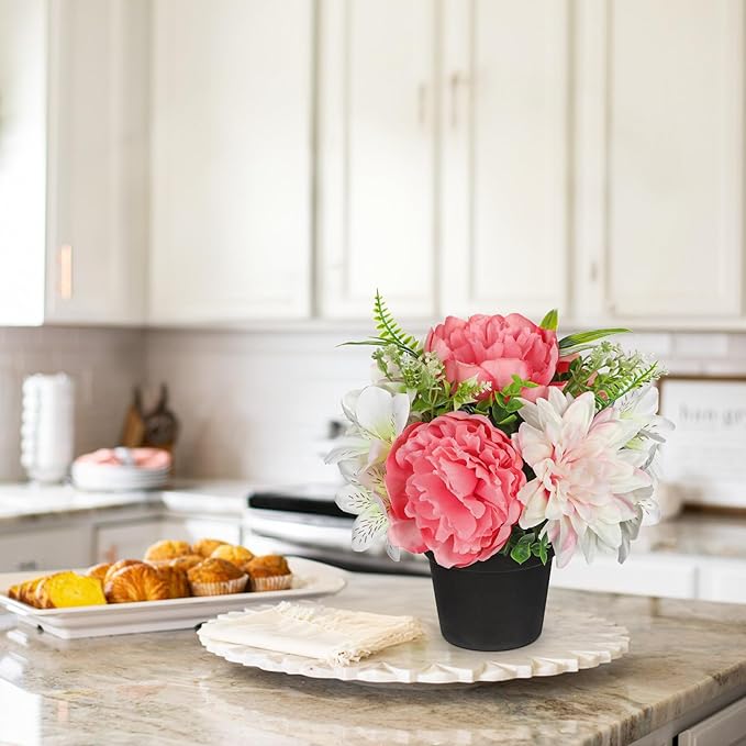 Hot Pink Artificial Flowers Small Fake Flowers in Vase Peonies Dahlia Tiger Lily Potted Silk Flower Arrangements Faux Plants & Flowers Home Bathroom Kitchen Table Centerpieces Desk Decor