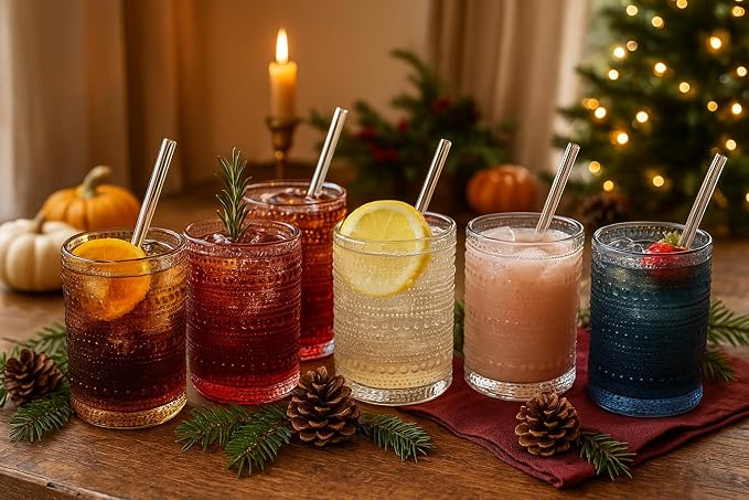 Khen Hobnail Drinking Glasses & Straws, 6x Neutral Muted Colors 14oz Vintage Glassware Set of 6 Embossed Vintage Water Cups, Highball Glasses for Cocktail, Whiskey, Beer & Juice, Dishwasher Safe Gift