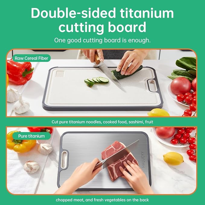 Titanium Cutting Board for Kitchen, Non Toxic Cutting Board Double Sided Food Grade, 2-in-1 Pure Titanium and Wheat Straw PP, Chopping Board for Meat and Fruit, Easy to Clean Large Size 16”×11”