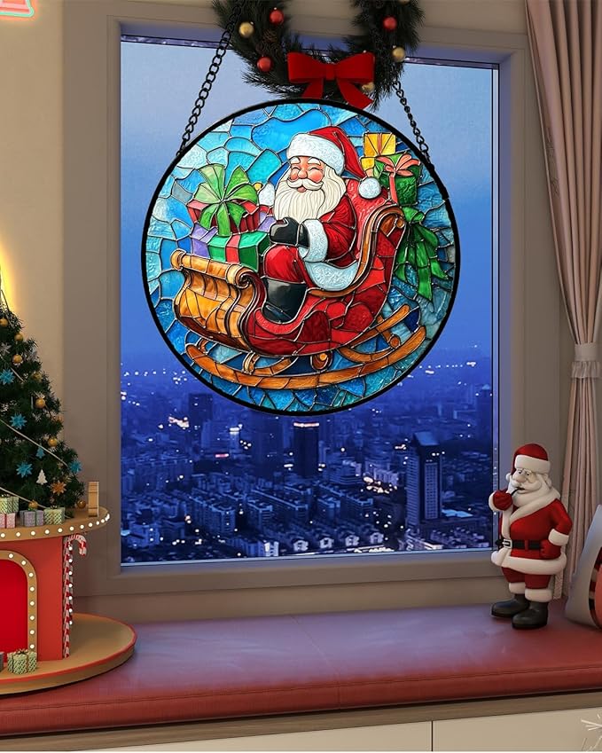 Stained Glass Window Hanging - Red Santa Claus Gift Box Suncatcher for Doors Home Christmas Decoration Winter Sun Catcher Thanksgiving New Year Birthday Gift for Women Men Mom Nana 9.8 in