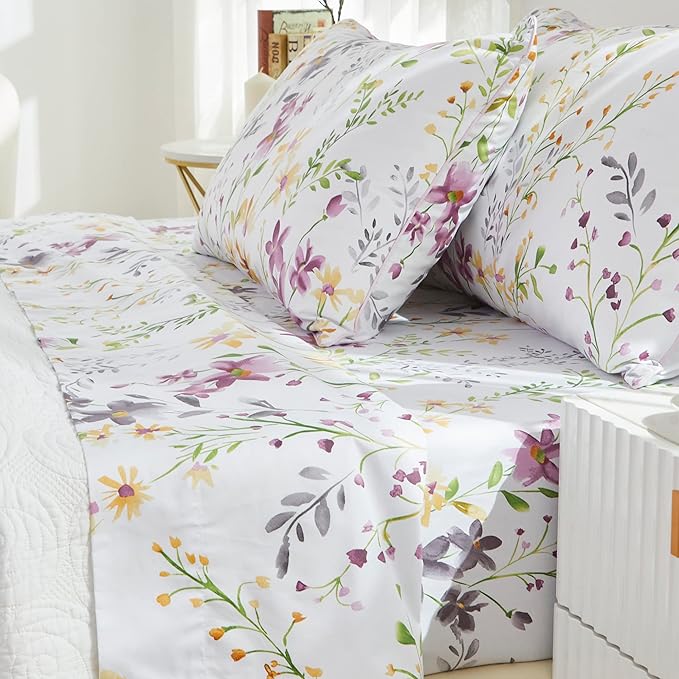 Brandream Garden Style King Size Sheets Set 4 Pieces Breathable Luxury Bed Sheets, Deep Pockets 18" Cooling Bed Sheets Farmhouse Bedding 800 Thread Count 100% Egyptian Cotton, Purple White Green