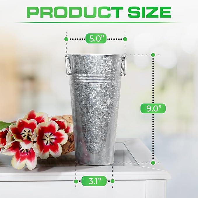Plexon 9" Tall Galvanized Metal Vase for Flowers, Metal Flower Container with Handles, Farmhouse French Tin Vases for Flowers Ideal for Sparkler Bucket Wedding Home Decor, Set of 12