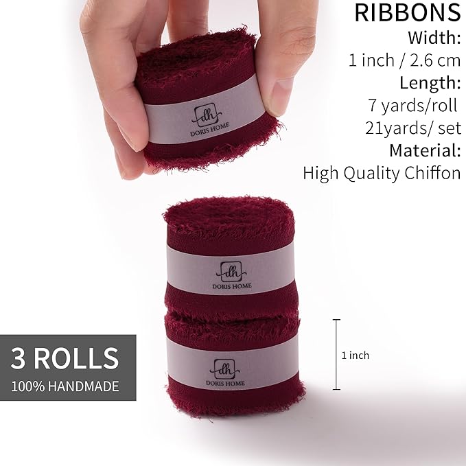DORIS HOME Burgundy Chiffon Ribbon for Flower Bouquet, 1" x21Yd Fabric Ribbon for Gift Wrapping, Handmade Frayed Ribbon for Wedding Invitations/Christmas Decorations