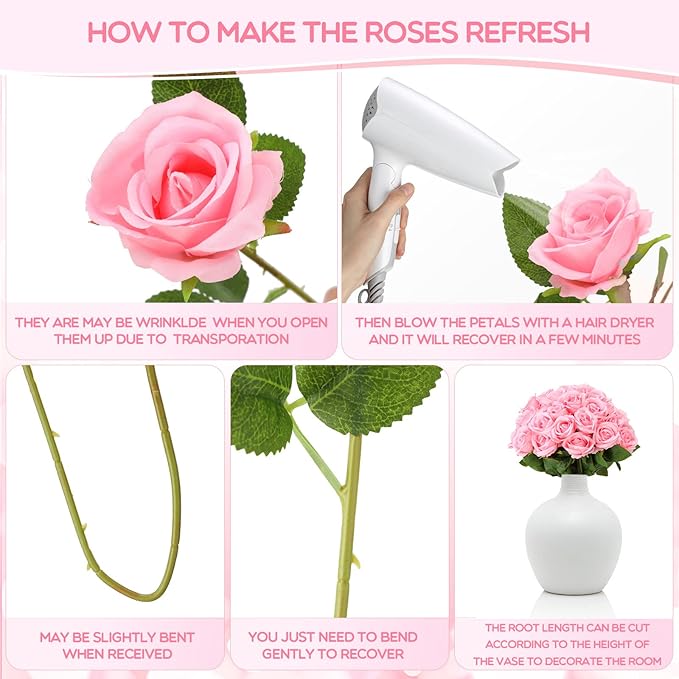 Jexine 50 Pcs Artificial Rose Flower Bulk Realistic Silk Fake Roses with Long Stem Plastic Artificial Flower Bouquet Real Looking for Home Wedding Centerpieces Party Decoration(Pink)