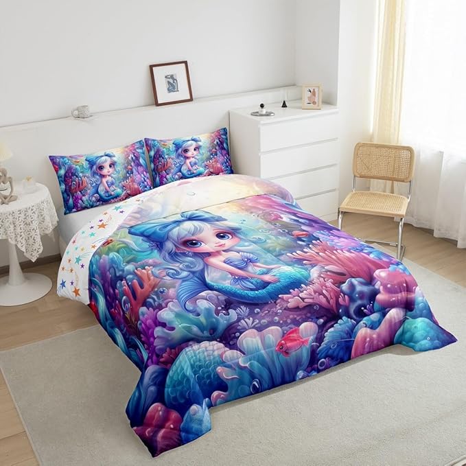 Cute Mermaid Comforter Set Queen Size,Beautiful Mermaid Fairy Tale Reversible Bedding Set for Women Adult,Watercolor Coral Cartoon Undersea World Luxury Bed Duvet Insert, 2 Pillowcases