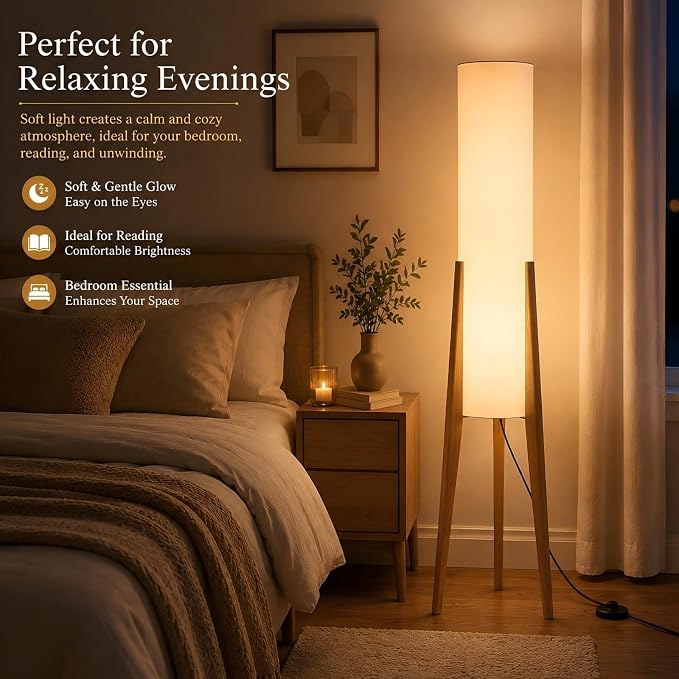 BOFEA-50 Floor Lamps for Living Room,Nordic Modern Floor Lamp,Tall Standing Boho Lamp with Fabric Shade,3 Color Art Standing Lamps,Farmhouse Wood Floor Lamp for Bedroom Office Corner
