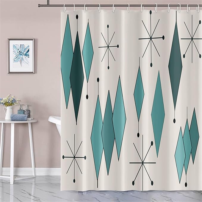 Mid Century Turquoise Shower Curtain Abstract Teal Diamond Geometric Atomic Starburst Pattern Beige Backdrop for 1950s Retro Bathroom Decor Shower Curtain Set with 12 Hooks, 65x72 Inches