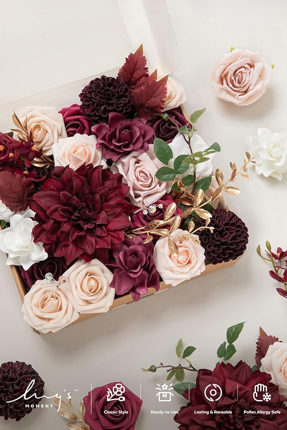 Ling's moment Fake Flowers Box, Faux Artificial Greenery Stems Foam Roses Gardenia Silk Dahlia Fabic Flower for Centerpieces Bouquet Wedding Vase Decorations, Marsala & Soft Peach, Grand Combo