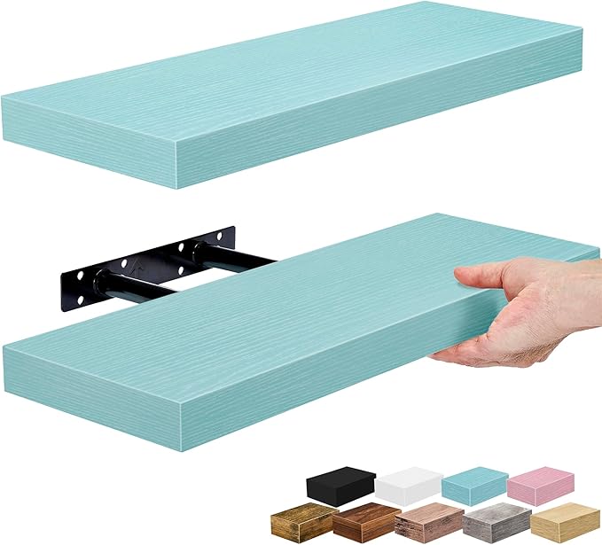 Sorbus Floating Shelves for Wall – 16 Inch Floating Shelf for Kitchen, Bedroom, Living Room, Bathroom, Home & Wall Decor - Mounted Bathroom Shelves with Invisible Brackets (Breezy Blue, 2 Pack)
