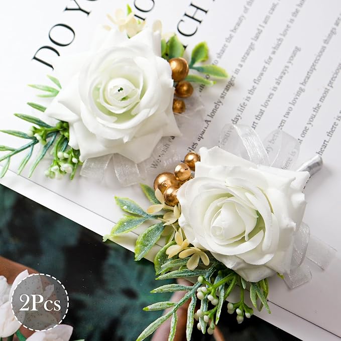 2 Pcs White Wrist Corsage and Boutonniere Set, Rose Corsage Hand for Women, Boutonniere for Men Wedding Flowers Accessories Prom Decor Party Suit Decoration (White)
