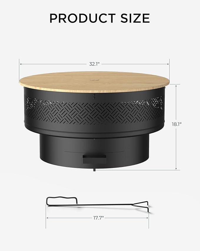 32" Fire Pits with Cooking Grill, Outdoor Fire Pit with Lid & Fire Poker, Fire Pit Table for Outside Wood Burning Firepit Round Heavy Duty Firepit for BBQ, Table, Picnic, Camping, Bonfire Party