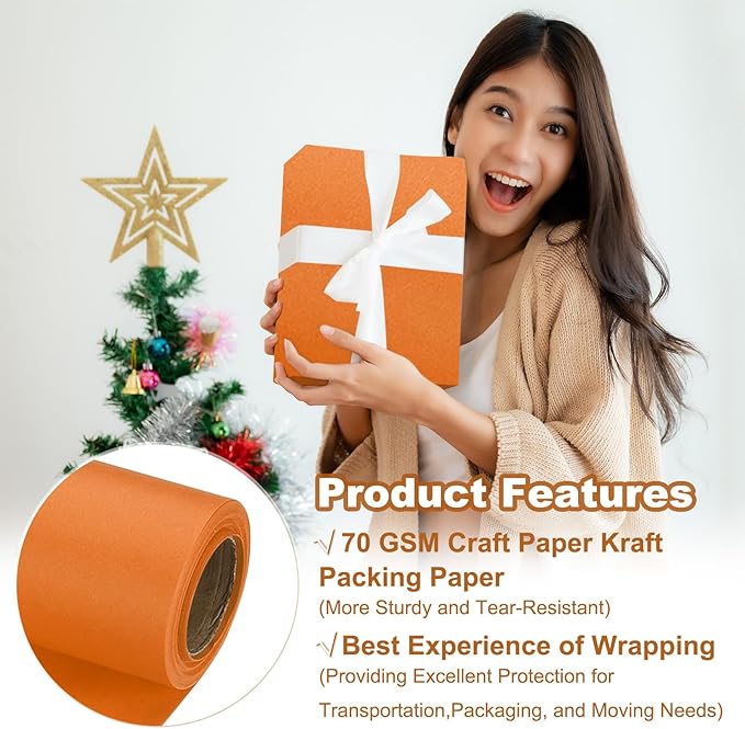 PATIKIL Wrapping Paper, 12" x 300"(25') 70 GSM Craft Paper Roll Kraft Packing Paper for Poster Bulletin Board, Gift Wrapping, Orange