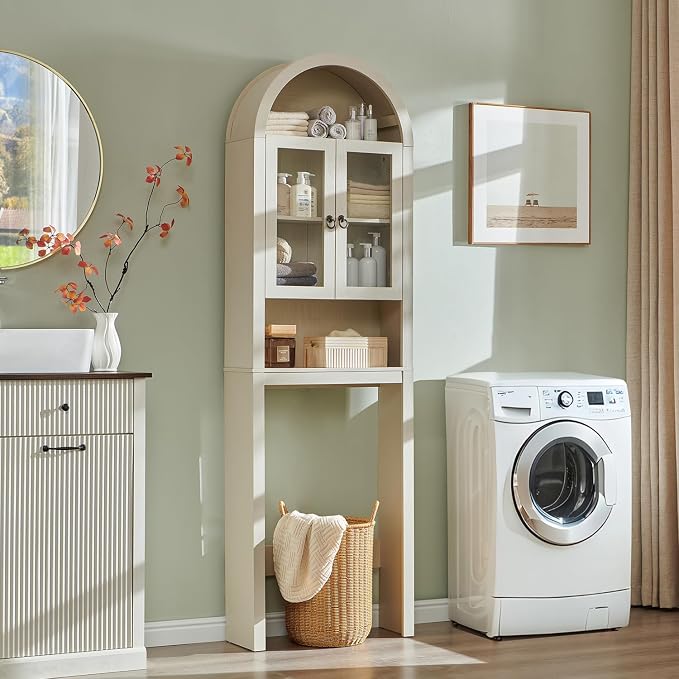 IFGET Arched Over The Toilet Storage Cabinet with Acrylic Doors, Modern Over Toilet Bathroom Organizer Shelf, Small Wooden Bathroom Storage Cabinet with Adjustable Shelf, Space Saver, Cream