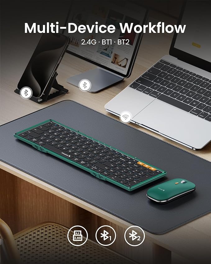 ProtoArc Foldable Keyboard and Mouse, XKM01 True Full-Size Folding Wireless Keyboard Mouse Combo for Business Travel, a Portable Office Suite On-The-Go, Compatible with Laptop iPad Tablet - Green