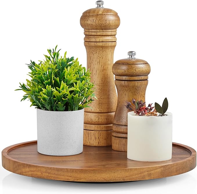 10" Acacia Wood Lazy Susan Turntable Organizer for Cabinet, Round Serving Tray Decorative Tray Vintage Centerpiece Candle Holder Tray, Farmhouse Tray for Kitchen Countertop Coffee Table Decor