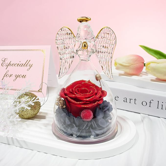 Sunia Preserved Flower Rose Gift for Women - Mother's Day Birthday Gifts for Mom Wife Grandma, Glass Angel Figurines Forever Real Roses Gifts for Her Valentine Day Thanksgiving﻿ (Redgold)