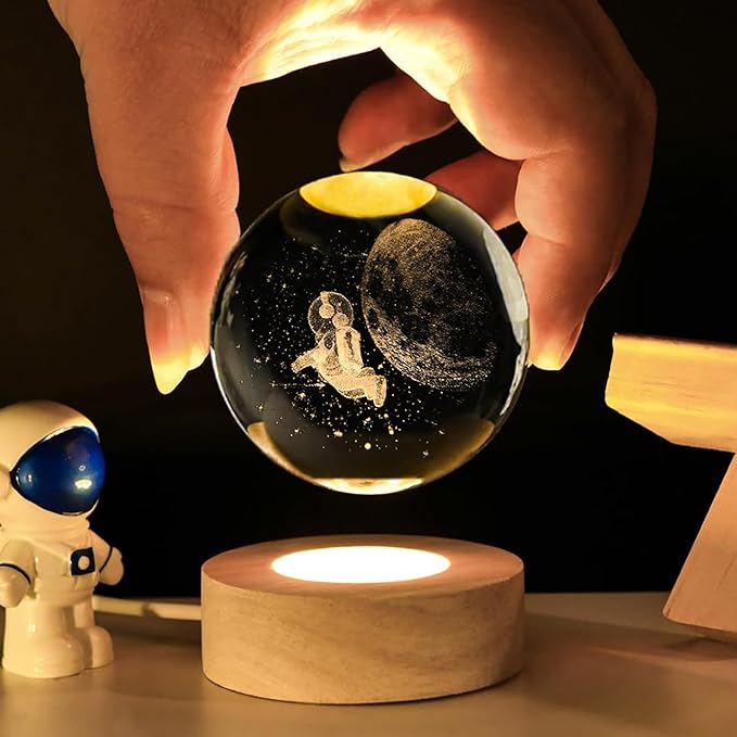 Astronaut Crystal Ball with LED Light Base, 60mm Glass Sphere Decorative Balls, Universe Space Galaxy Lamp Gifts