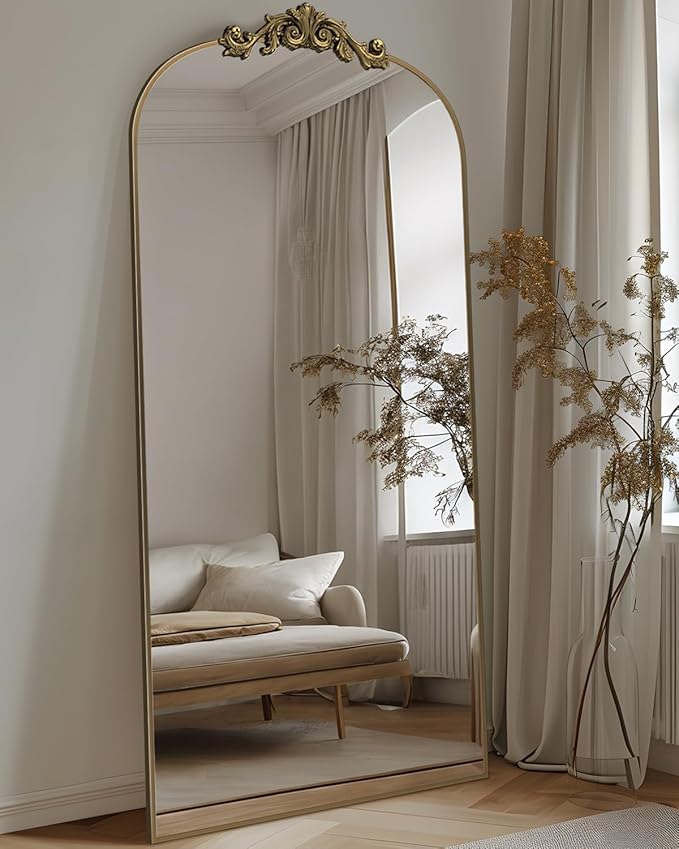 Antok Arched Full Length Mirror, 71"x28" Floor Mirror with Carved Frame, Standing/Wall Hanging Large Mirror for Bedroom, Living Room, Cloakroom, Bronze, Retro Style