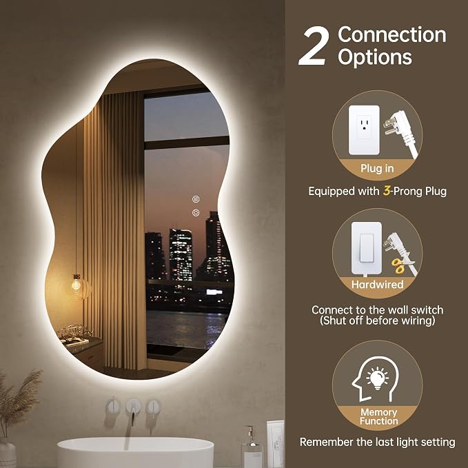 LOVESPEJO Irregular Backlit Mirror Bathroom 40x24 Inch, Asymmetrical Cloud LED Bathroom Mirror with Lights, Fogless, Dimmable, 3 Color Changing, Shatterproof,Horizontal/Vertical