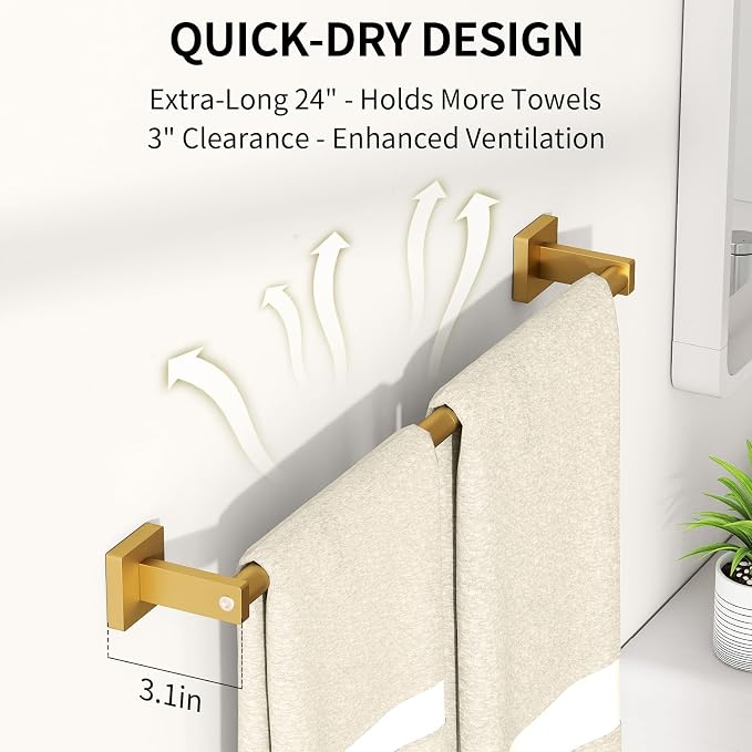 MKO Towel Bar for Bathroom, 24" Towel Racks for Bathroom Hanger Wall Mounted, Hand Towel Holder Rod with Metal for Kitchen Home, Gold 2 Pack