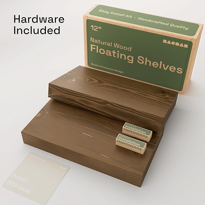 BAOBAB WORKSHOP Solid Wood Floating Shelves for Wall 12 Inch Wide, Small Wooden Shelf Kitchen, Bathroom Shelves for Room Wall Mounted Rustic Farmhouse, Walnut Floating Shelves, 12W × 6.7D, Set of 2