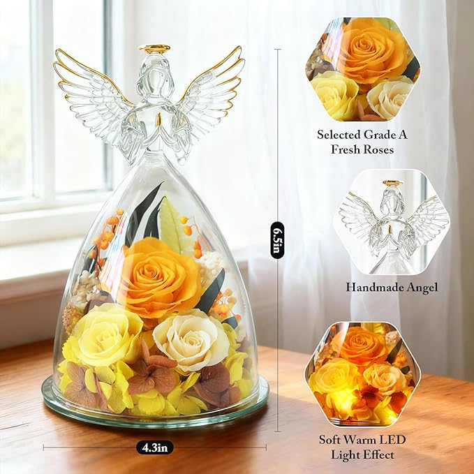 Christmas Roses Gifts for Mom,Preserved Real Flowers Roses in Glass Angel Figurines, for Grandma Women Mom Wife Mother in Law/Yellow