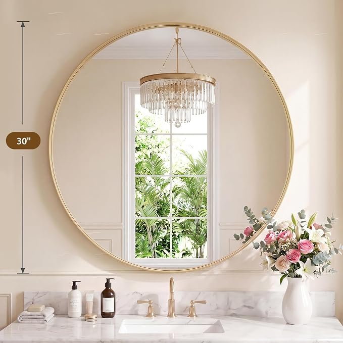 Sweetcrispy Bathroom Round Mirrors for Over Sink, 30 Inch Wall Circle Mirror with Matte Metal Frame, Modern Wall Mount Vanity Mirror for Home Decor, Living Room, Bedroom, Gold