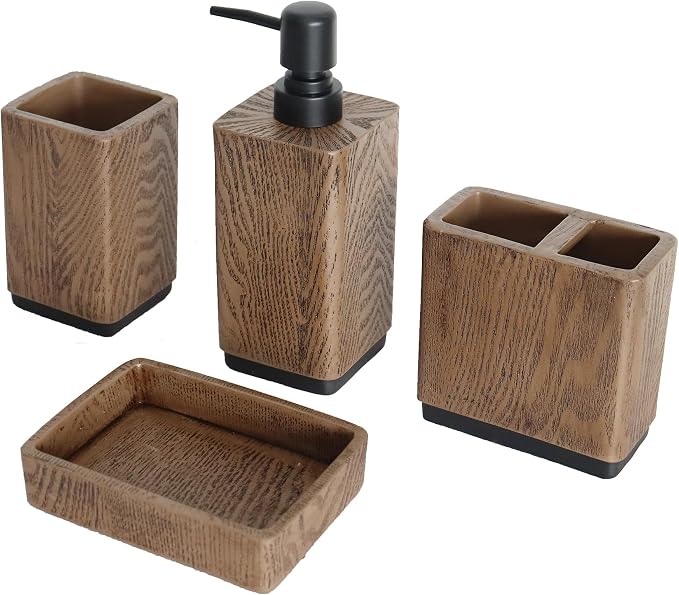 Hymmah Bathroom Accessories Set,Toothbrush Holder,Farmhouse Bathroom Decor,3 Pcs Resin Gift Set Apartment Necessities, Contain Toothbrush Cup,Soap Dispenser,Tumbler (Wood Brown)