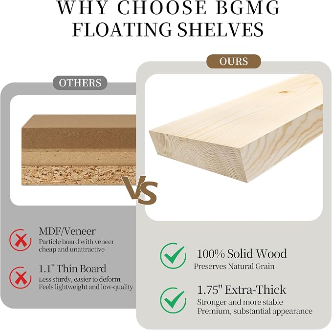 BGMG Wood Floating Shelves for Wall 54 inch Set of 2,White Floating Shelves,Solid Wood Wall Mount Shelves for Bathroom Living Room Bedroom Kitchen Farmhouse -54x 6.7 x1.75 inch
