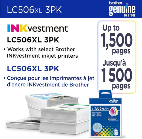 Brother Genuine LC506XL3PK High Yield Ink Cartridges - Cyan, Magenta & Yellow | Compatible with INKvestment 4355, 4555, 4557 Printers