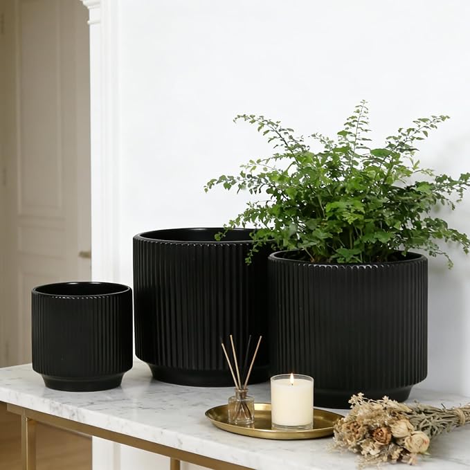 Oakrain Plant Pots Set of 3 with Vertical Stripes 7.8/6.5/5.2 inch, Modern Decorative Planters for Indoor Outdoor Plants, Garden Flower Pot with Drainage Holes, Ceramic Black