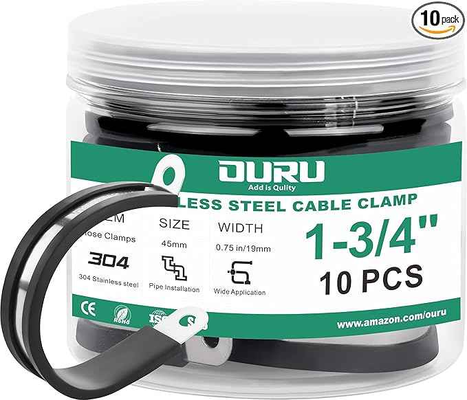 OURU 10pcs 1-3/4 Inch Stainless Steel & Rubber Coated Cushioned Insulated Cable Clamps, Automotive Pipe & Wire Clamps, Black