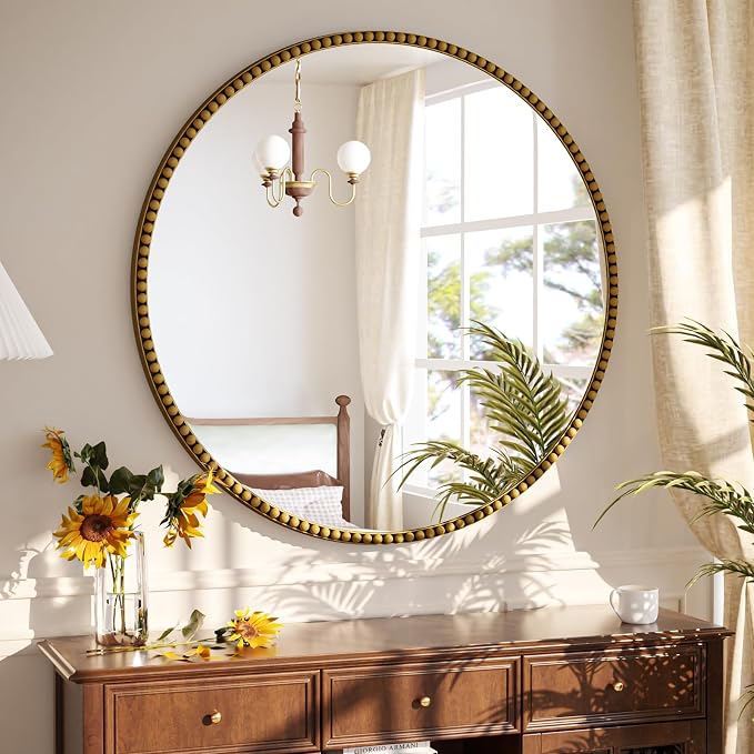 24 Inch Round Bathroom Mirror - Luxurious Retro Beaded Circle Decorative Wall Mirror with PU Frame Hanging Leaning as Art Decor for Entryway, Bedroom, Living Room, Hallway, Gold