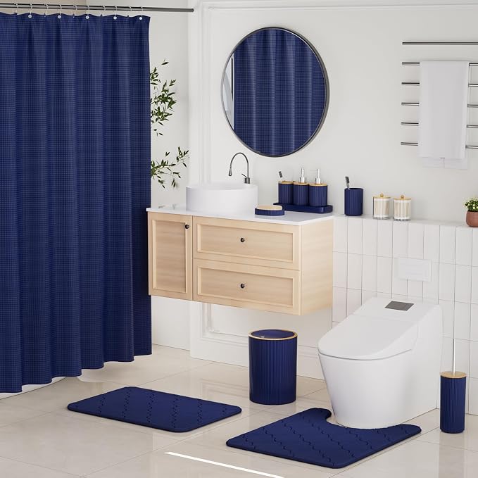 Navy Blue Bathroom Accessories Set 25 PCS, Bathroom Decor Set with Shower Curtain and Rugs, Trash Can, 2 Soap Dispensers, Toothbrush Holder, Tumbler, Soap Dish and Tray