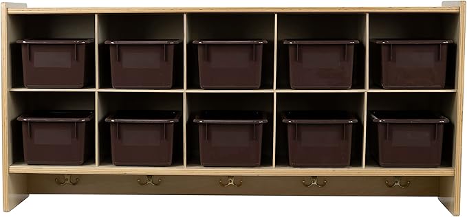 10-Section Wood Cubbies Storage with Brown Plastic Bins, Wall Cubby Hanging Organizers with Hooks