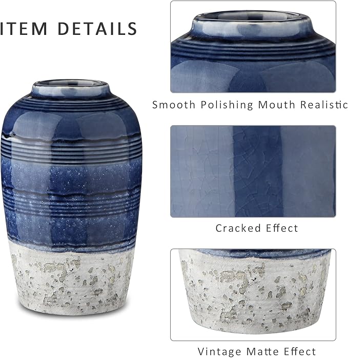 Decorative Ceramic Vases for Home Decor Two Tone Boho Flower Vase for Table Centerpieces Big Blue Pottery Vase Table Flowers Decor Vase Living Room Shelf Fireplace
