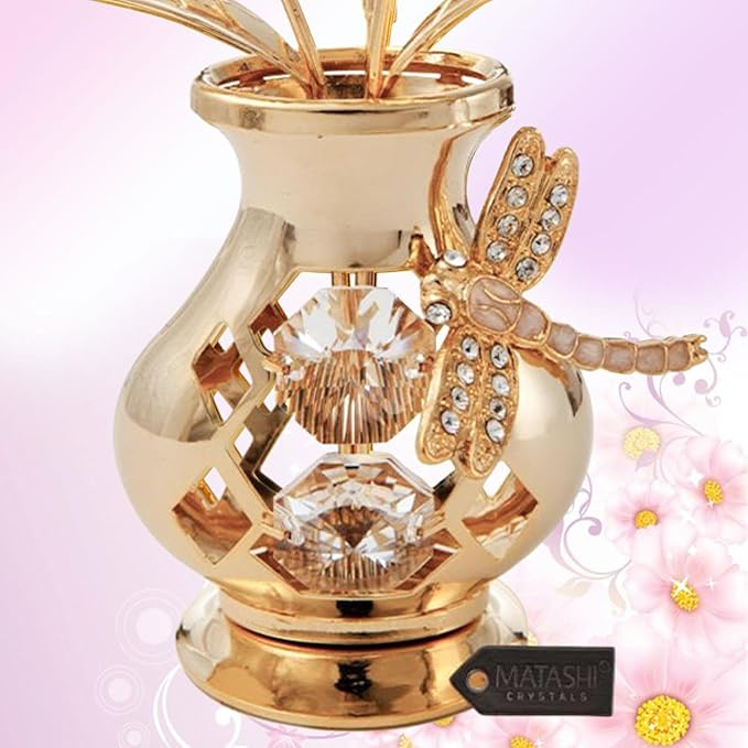 Matashi 24K Gold Plated Crystal Flower Vase with Dragonfly Figurine – Beautiful Home Décor – Ideal Christmas, Valentine’s for Women, Mom, or Friends